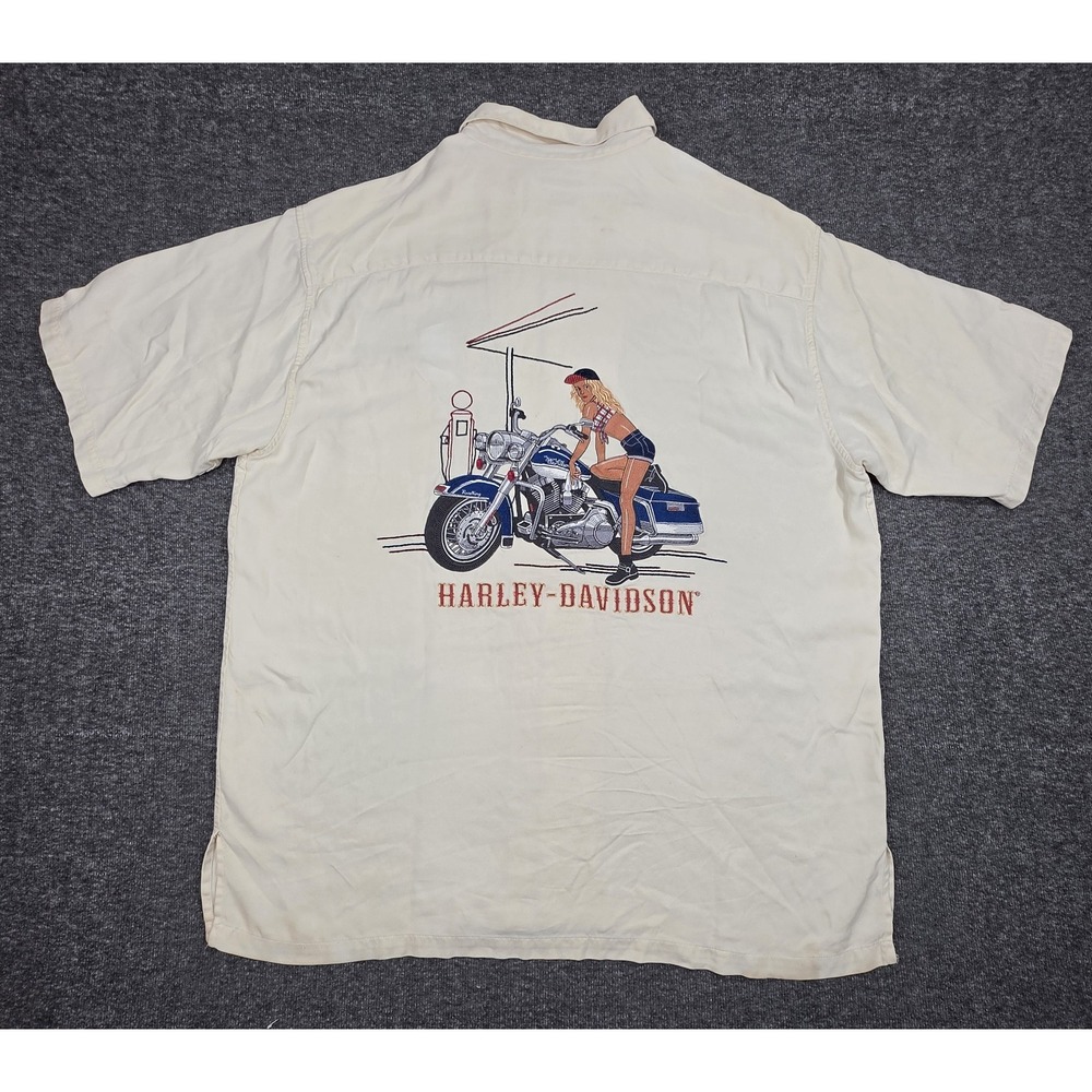 Harley Davidson Embroidered Biker girl Motorcycle Silk Shirt Men Size Large Tan
